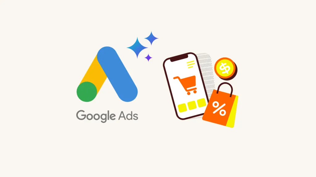 Google Ads Logo Beside A Mobile Shopping Cart, Discount Bag And Coin, Illustrating Shopping Ads In Ai Mode