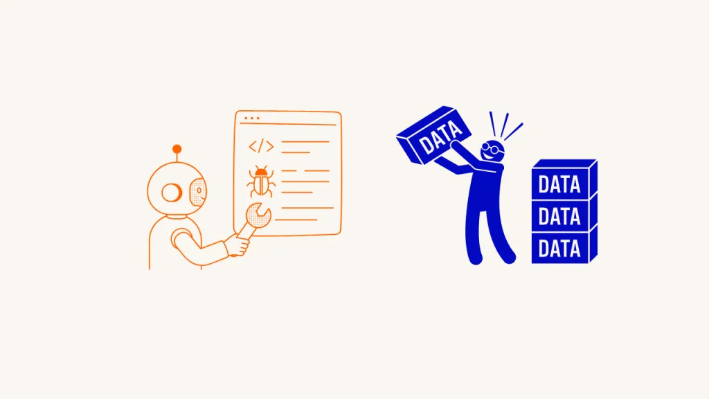 Un Robot Naranja Inspecciona Una Página De Software Junto A Una Figura Azul Que Levanta Un Bloque De Datos Y Una Pila De Bloques De Datos