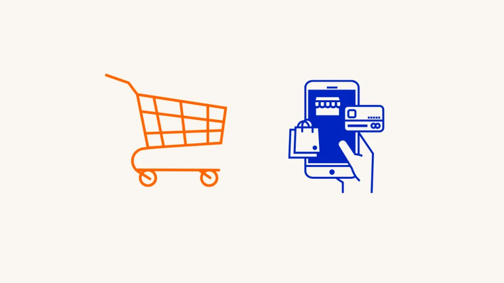 An Orange Shopping Cart Beside A Blue Mobile Commerce Checkout Illustration.