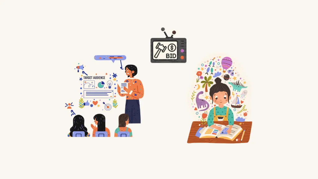 Illustration Of Target Audiences And Creative Work Alongside An Auction Bid Symbol, Representing Practical Performance Marketing.