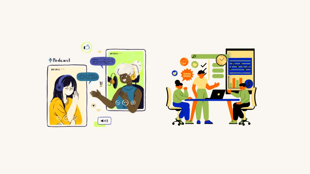 Illustration Of Creator Conversations And A Commerce Team Reviewing Growth Metrics.