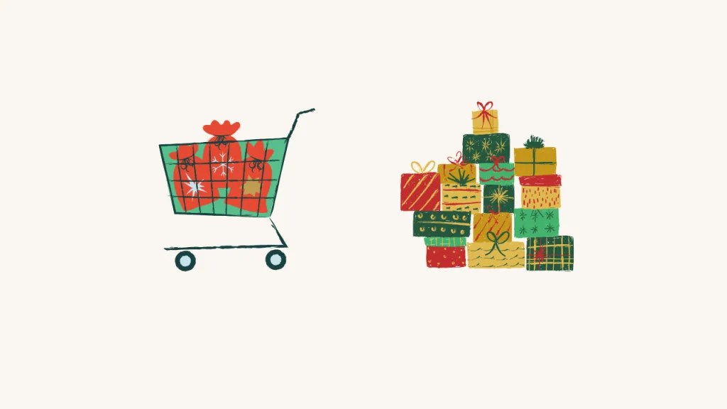 Illustration Of A Shopping Cart Filled With Holiday Gifts Beside A Colorful Stack Of Wrapped Presents.