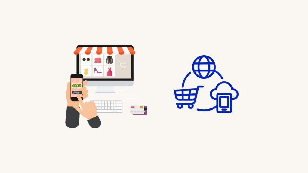 Illustration Of Online Shopping On A Desktop And Phone Beside Connected Commerce, Cloud And Globe Icons.
