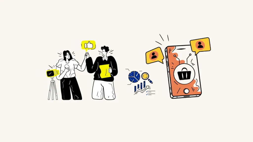 Illustration Of Content Creators, Mobile Shopping And Marketing Analytics.