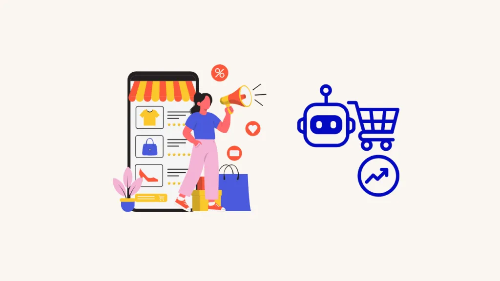 Illustration Of A Creator Promoting An Online Shop Beside An Ai Robot, Shopping Cart And Growth Chart.