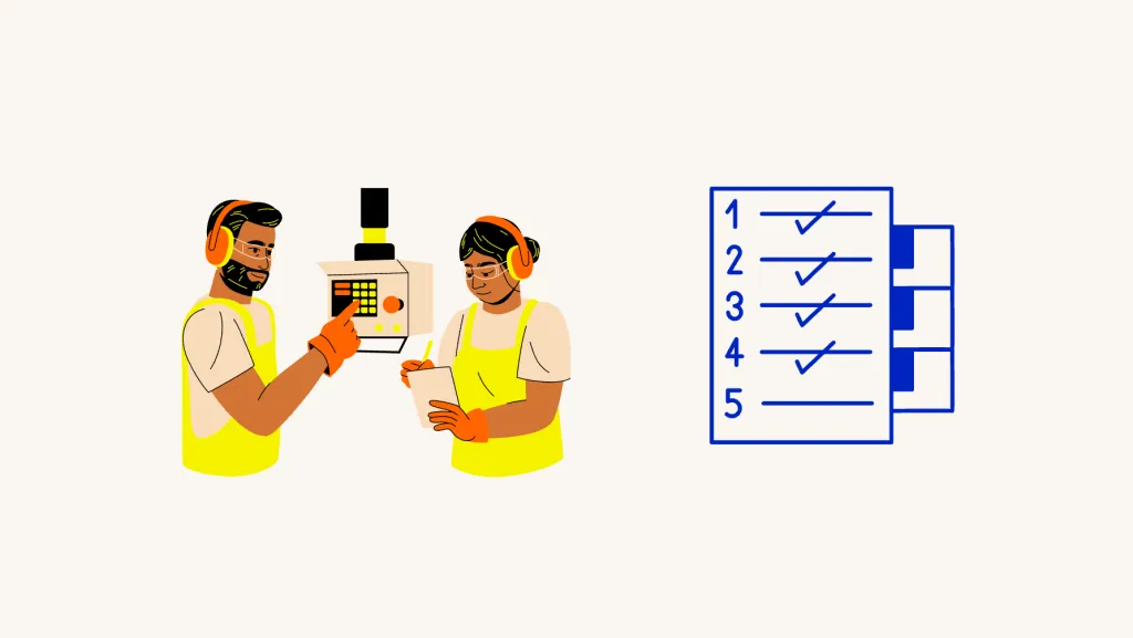Two Workers Checking Equipment Beside A Blue Checklist, Illustrating Coordinated Commerce Operations.