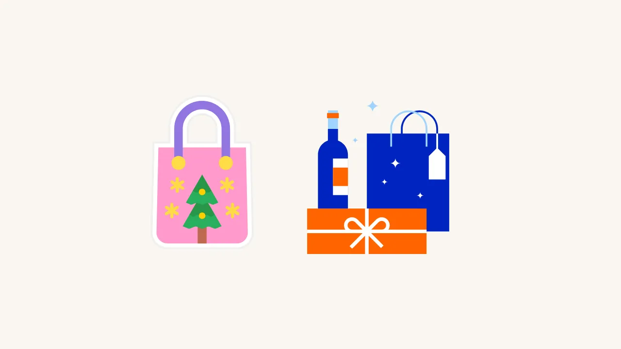 Holiday Shopping Bags, A Gift Box And A Bottle On A Cream Background.