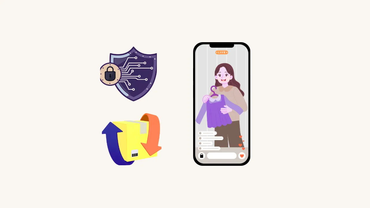 Returns Package, Security Shield And A Phone Showing Live Product Selling On A Cream Background.