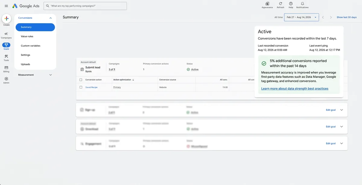 Google Ads Ölçüm Arayüzü Örneği; Veriler Temsilidir, Yeni Customer Match Ip Alanları Değildir