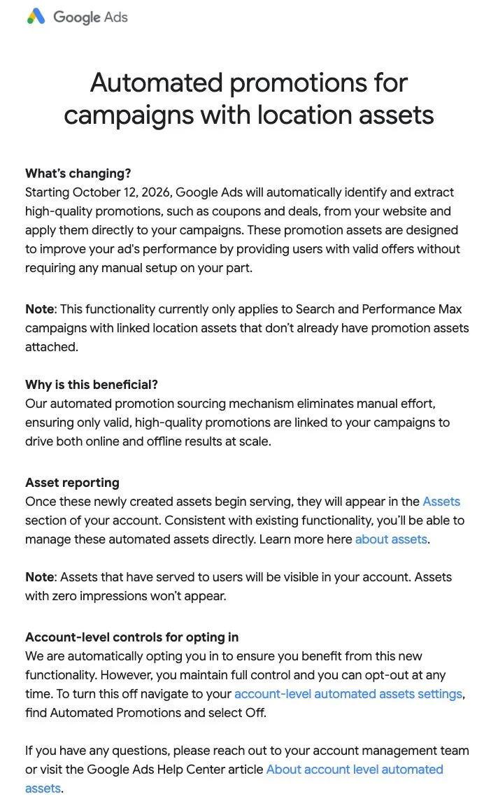 Google’s Automated-Promotion Notice For Affected Accounts. Check Eligibility And The Opt-Out Setting Before October 12.