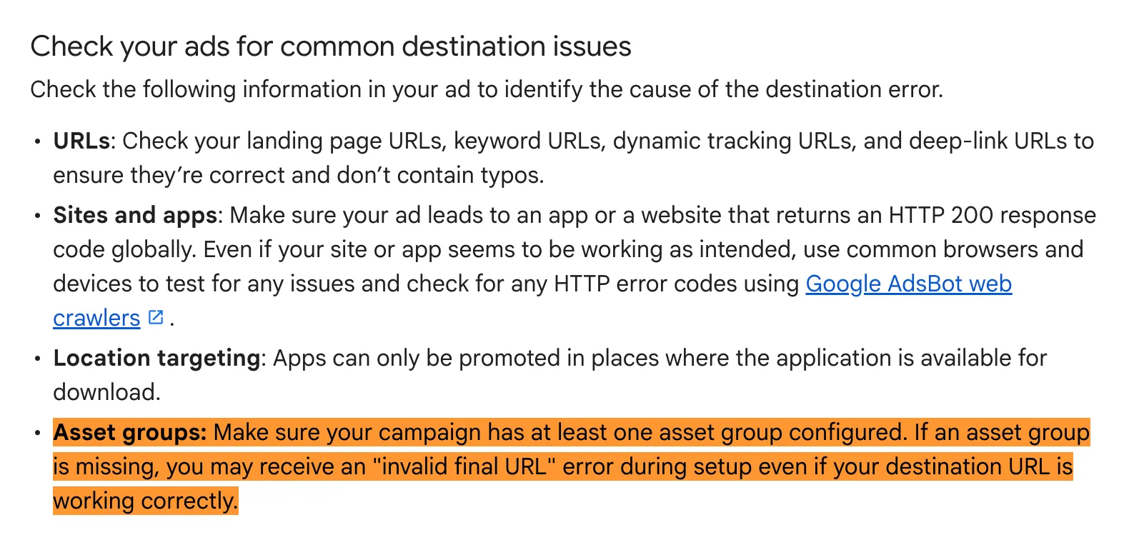 Google’s Destination-Policy Example Explains That A Missing Asset Group Can Trigger An Invalid-Final-Url Error. It Is Not A New Enforcement Rule.
