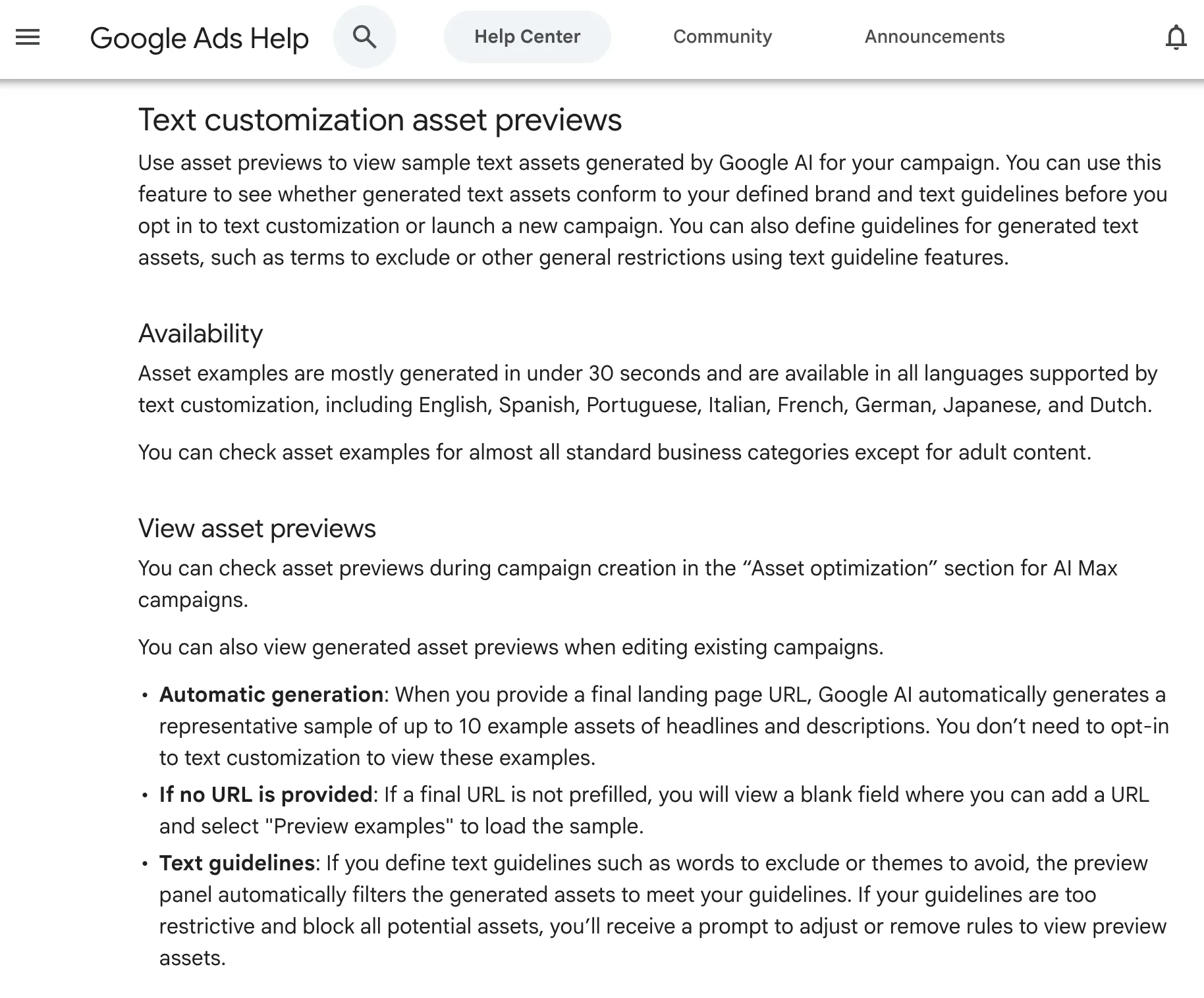 Google Ads 关于预览 Ai Max 文字自定义素材的官方说明。预览展示的是可能生成的文案，并非广告效果预测。