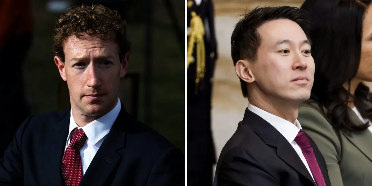 Mark Zuckerberg と Shou Zi Chew を並べた Business Insider の画像。写真はプラットフォーム同士の関係を示すものであり、Tiktok の広告費配分を示すグラフではありません。