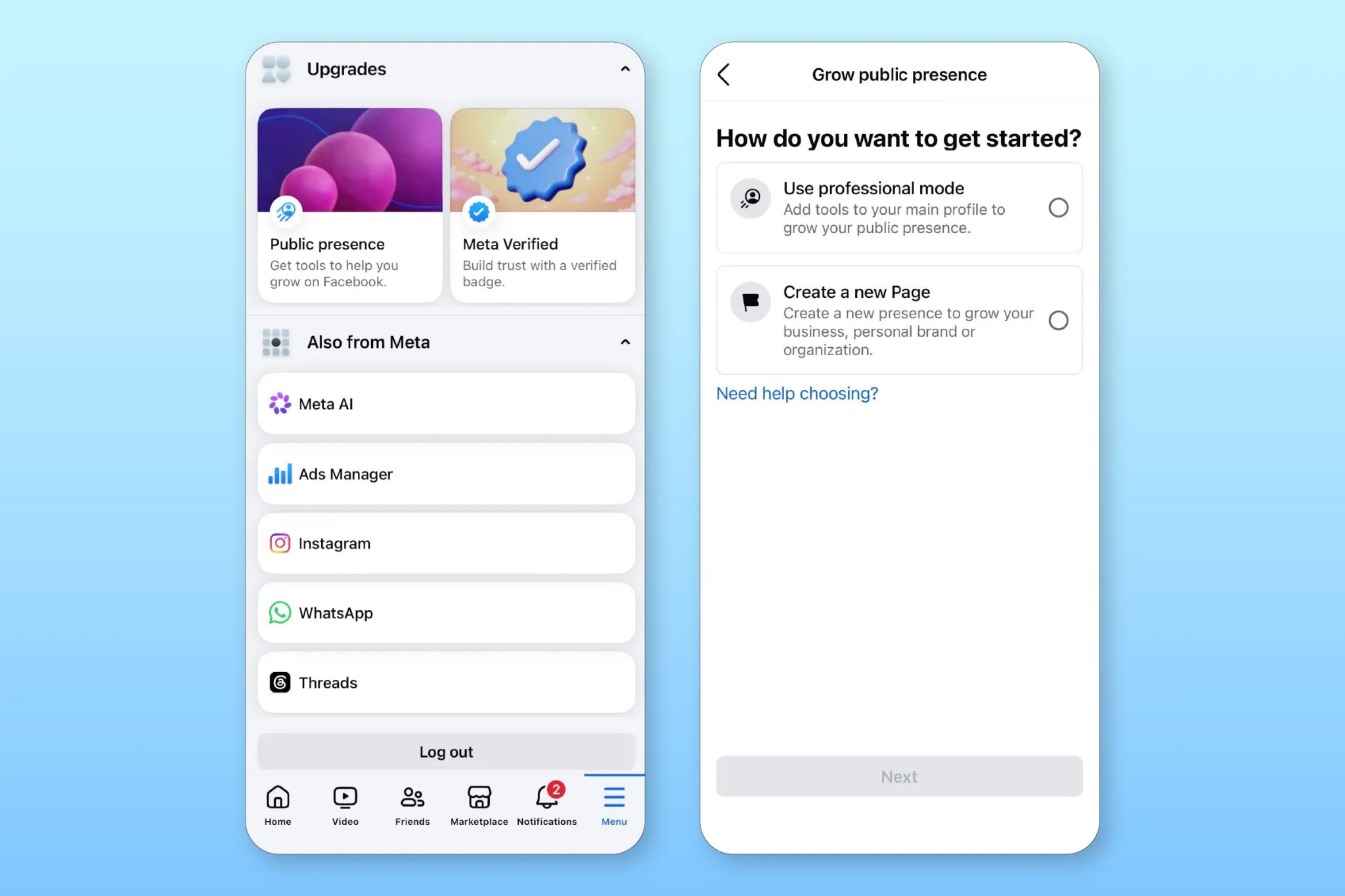 Shopify が紹介する Facebook のプロフェッショナルモードとページ設定の例。これらの画面は、収益化プログラムの参加資格や収益を保証するものではありません。