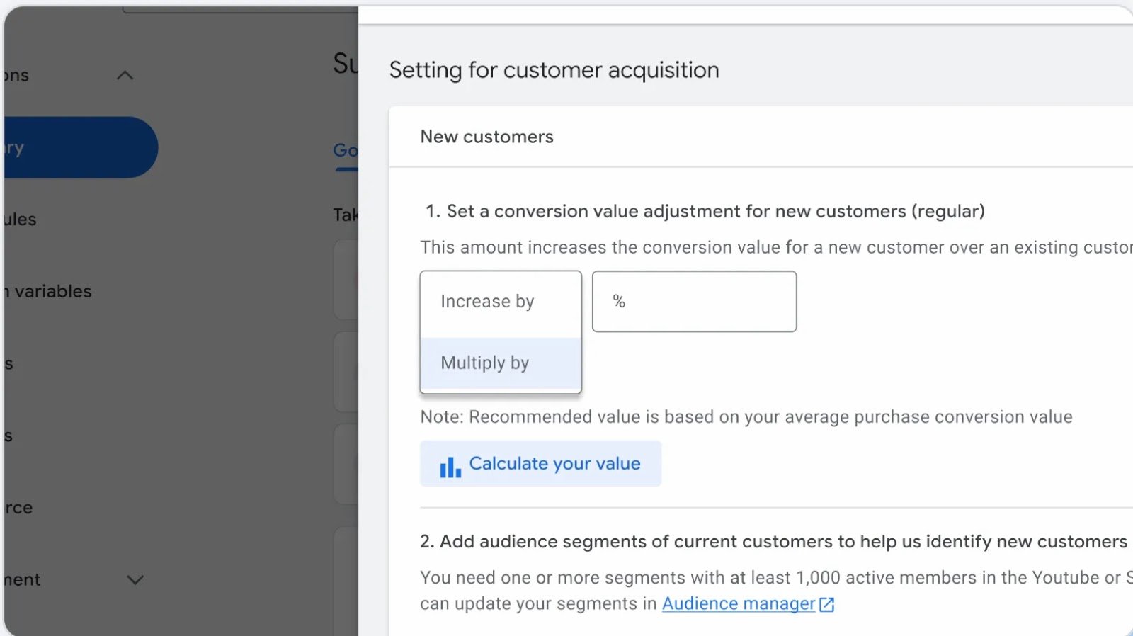 L’exemple De Paramètres D’acquisition Client De Google Montre L’option De Multiplicateur En Pourcentage Utilisée Pour Ajuster Les Valeurs D’enchère.