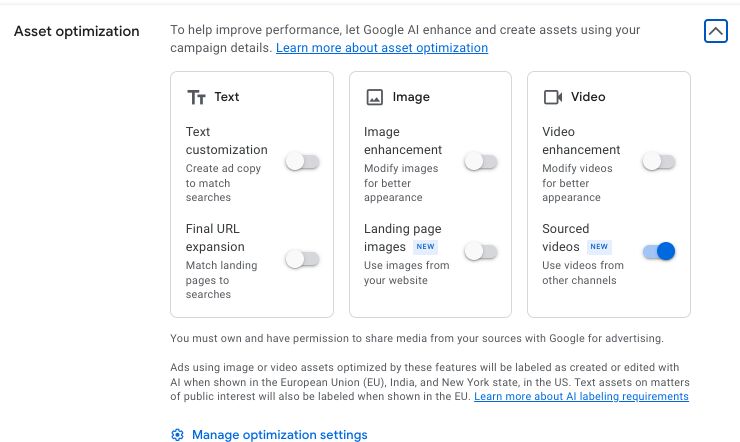 Un Compte Pmax Observé Affiche Landing Page Images Désactivé Et Sourced Videos Activé ; La Disponibilité Et Les Paramètres Par Défaut Doivent Être Vérifiés Dans Chaque Compte.