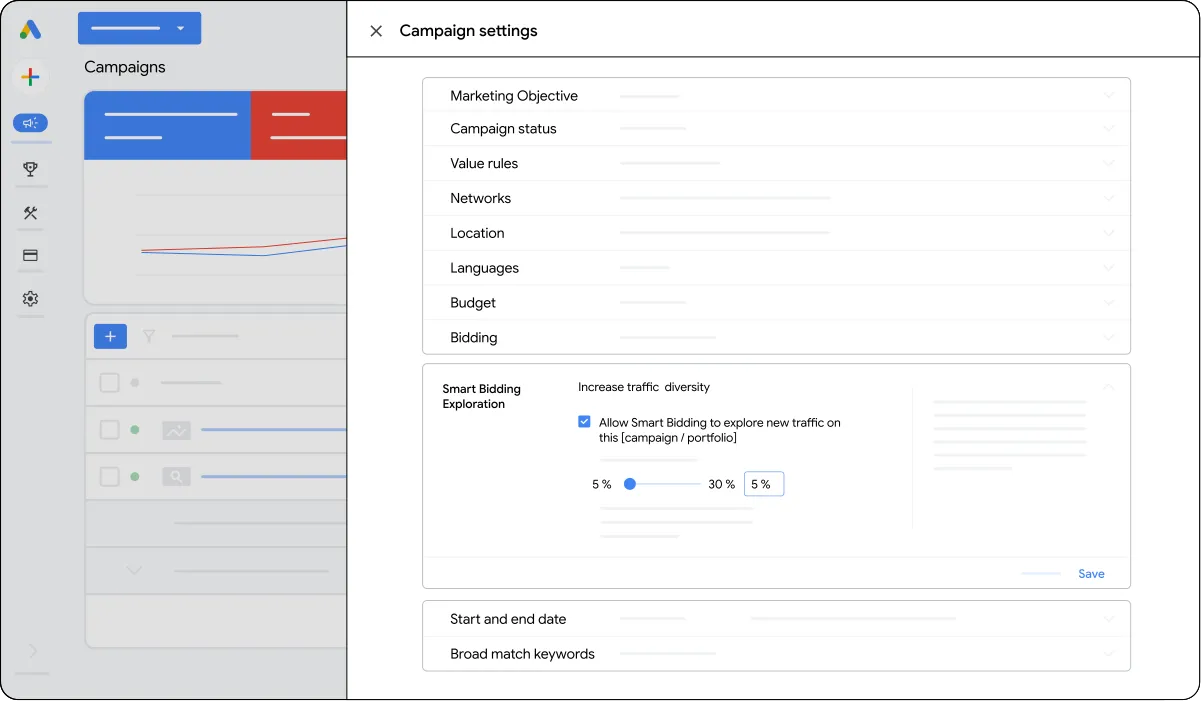 Google のスマート自動入札の探索の設定例。有効化のチェックボックスと、Roas の柔軟な許容幅を設定する項目が表示されている。