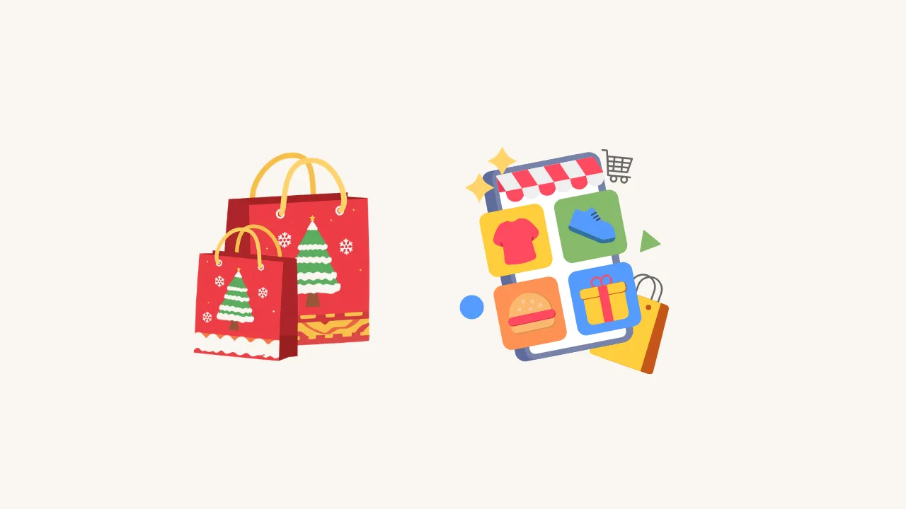 Holiday Shopping Bags Beside A Mobile Storefront On A Cream Background.
