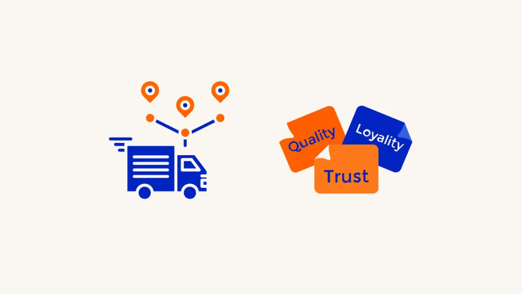 Delivery Truck And Location Markers Beside Quality, Loyalty And Trust Labels On A Cream Background.