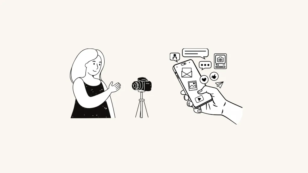 A Content Creator Beside A Camera And A Hand Holding A Phone Surrounded By Social Media Symbols.