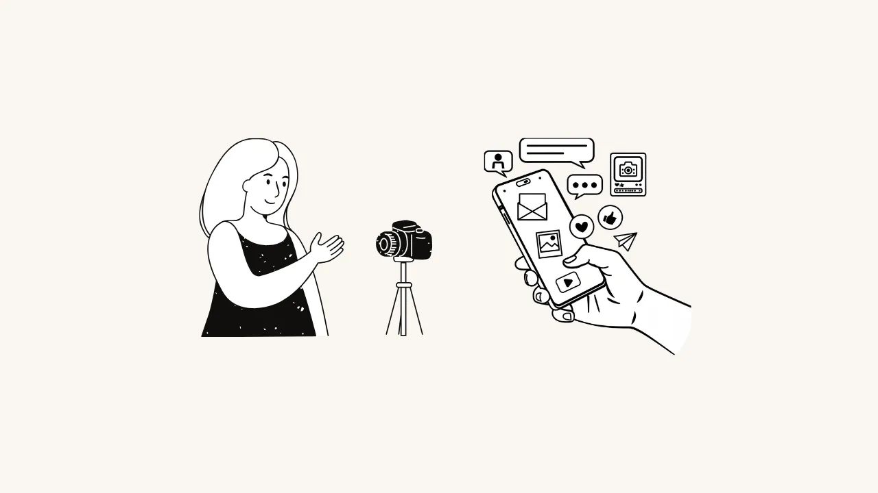 A Content Creator Beside A Camera And A Hand Holding A Phone Surrounded By Social Media Symbols.