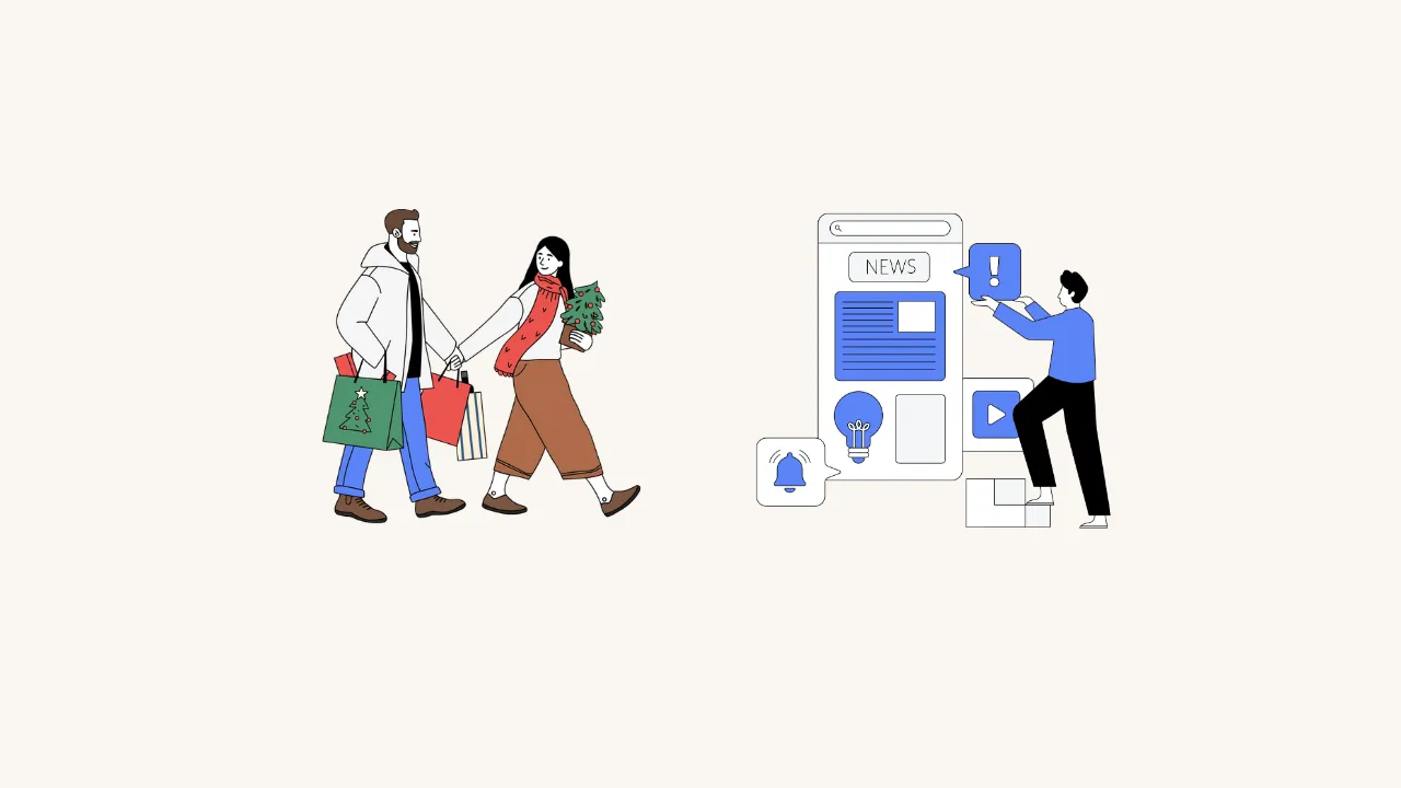 Holiday Shoppers Carrying Bags Beside A Person Interacting With A Digital News And Advertising Screen.