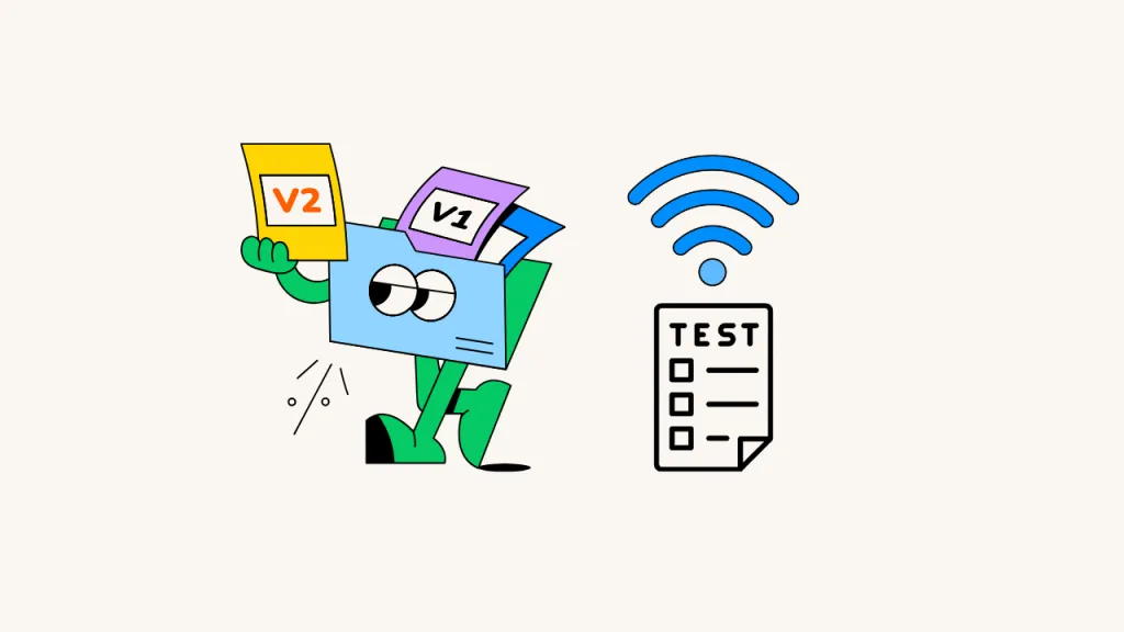 Illustration Of A Character Holding V1 And V2 Test Variants Beside A Wireless Signal And A Test Checklist.