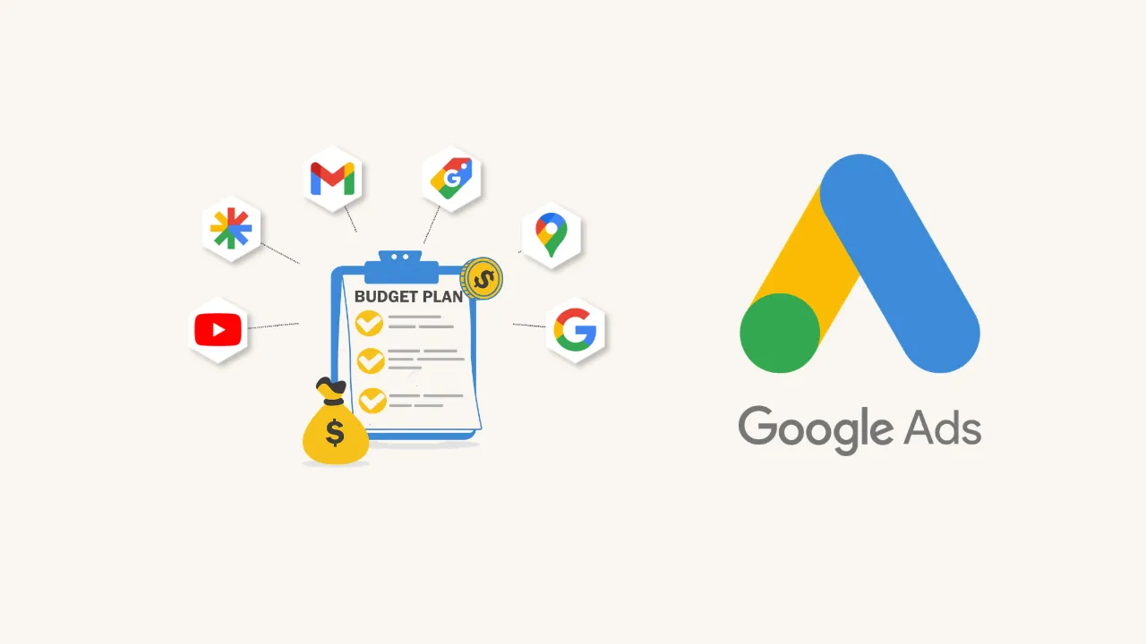 A Budget Planning Clipboard Connected To Google Product Icons, Beside The Google Ads Logo On A Cream Background.
