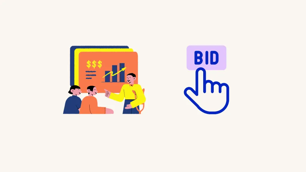 A Team Reviews A Customer-Value Chart Beside A Finger Pressing A Bid Button.