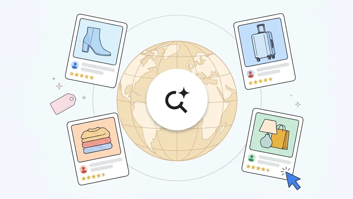 Google’s Official Ai Mode Expansion Illustration Places Product Cards Around A Globe; It Illustrates The Announcement, Not Universal Ad Availability Or Measured Advertiser Results.