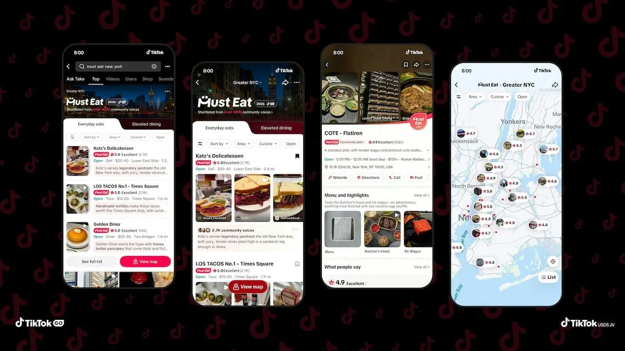 Tiktok’un Must Eat Ürün Örneği, Restoran Listelerini, Ayrıntı Sayfalarını Ve Büyük New York Haritasını Gösteriyor; Başlangıç Kapsamı New York City, Los Angeles Ve San Francisco Körfez Bölgesi Ile Sınırlı.