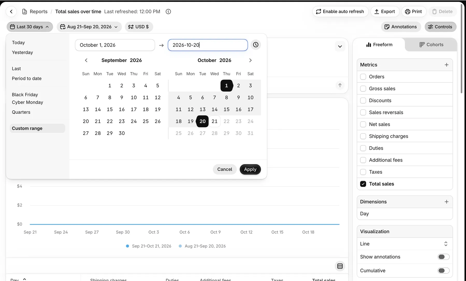 Shopify Custom Date Dialog With October 1–20, 2026 Entered Before Applying The Range