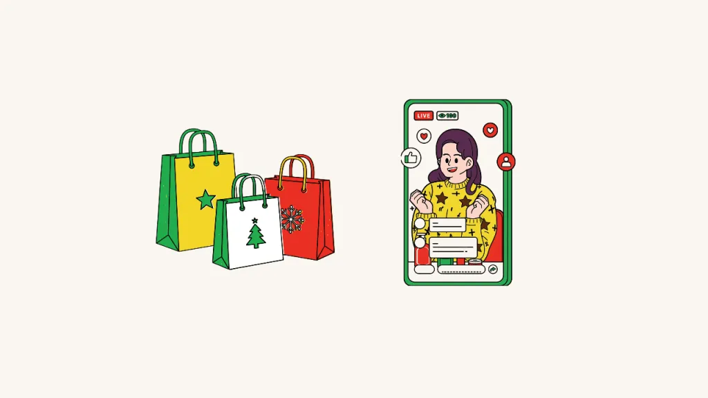 Holiday Shopping Bags Beside A Phone Showing A Woman Presenting Products During A Live Shopping Stream.