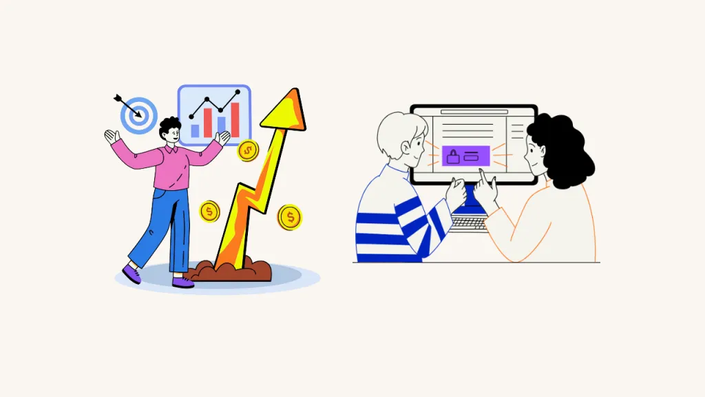 A Growth Chart And Rising Arrow Beside Two People Reviewing An Online Shopping Interface.