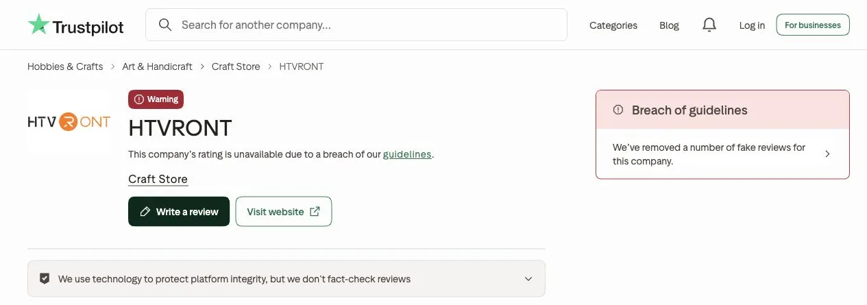 Trustpilot Htvront.com Rating Status And Platform Notice