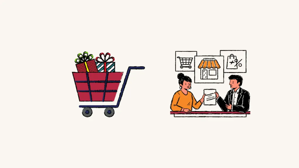 Holiday Gifts In A Shopping Cart Beside Two People Discussing A Retail Business, With Storefront And Shopping Symbols Above Them.