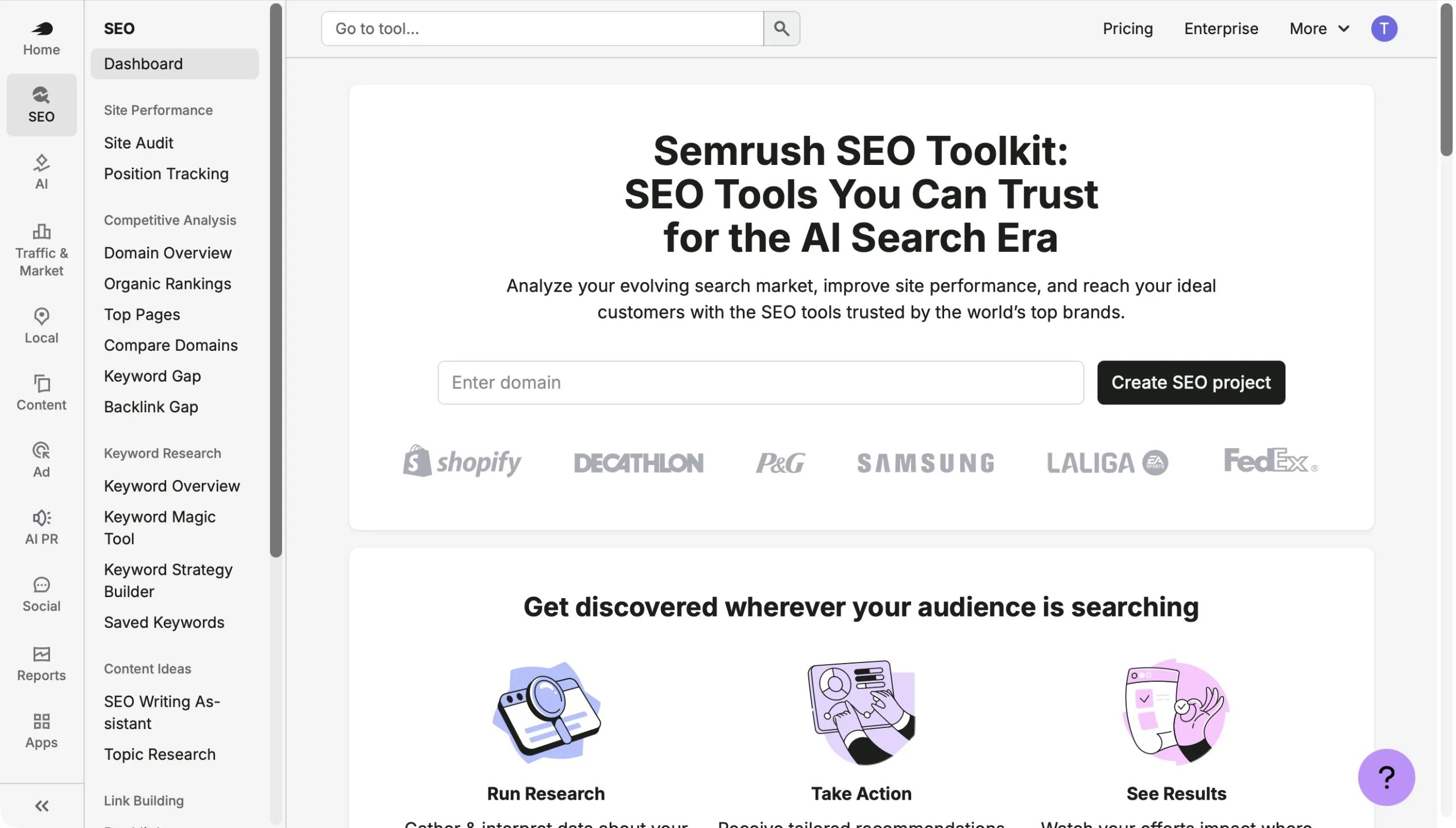 Semrush的Seo工具导航、工具搜索和域名查询入口，尚未查询Anker数据。