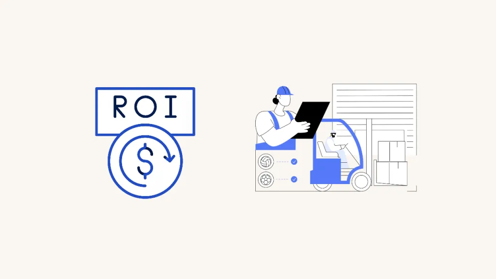 An Roi Symbol Beside A Warehouse Worker, Delivery Vehicle And Inventory Boxes.